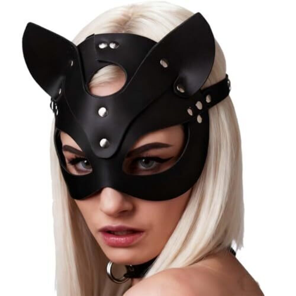 6396 Black Leather Mask Adult Cat Masks Easter Ear Halloween Costume Mask